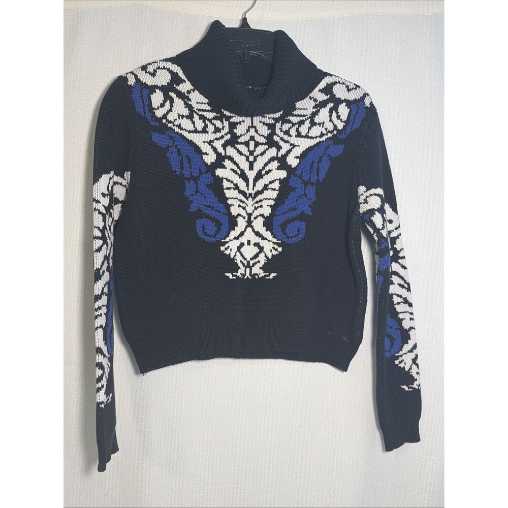 Gianni Bini Womens Medium Turtleneck Sweater Blue & White Pattern Cropped